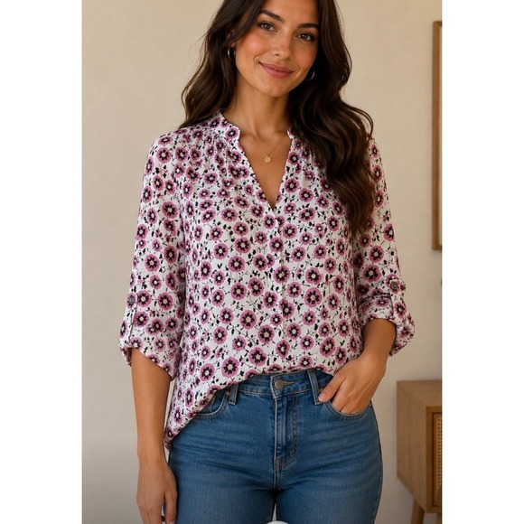 Lush Tops - Pink Black Floral Poppy Roll Tab Sleeve V-Neck Blouse Top M cottagecor lagenlook